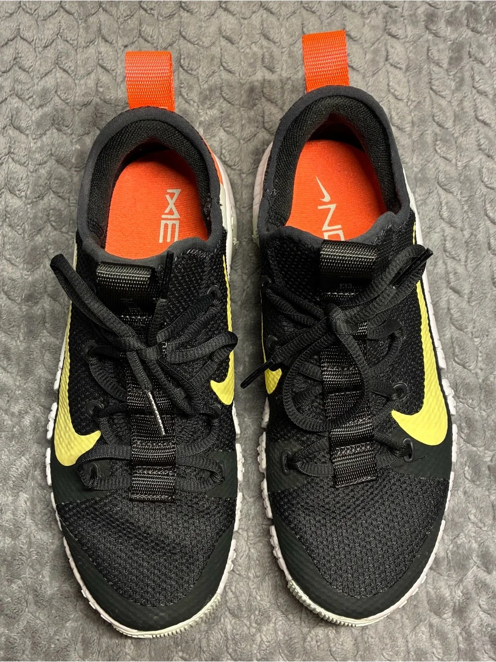 Nike Metcon Black Sneakers with Yellow Swoosh and Orange Heel woman’s size 8.5